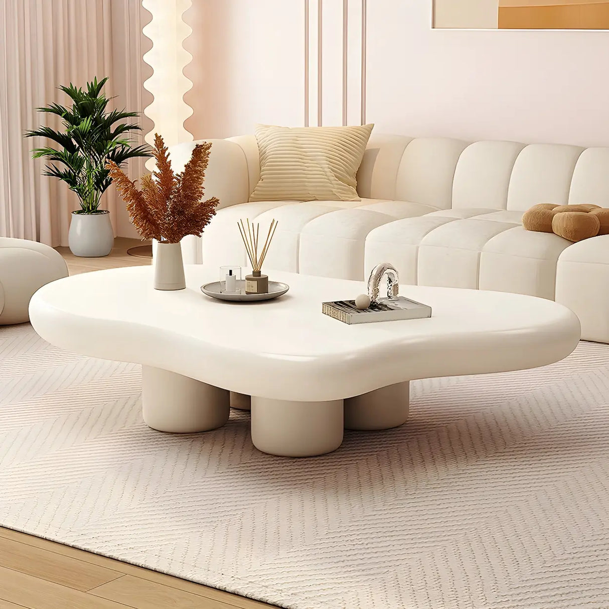 Elegant White Wooden Free-Form Shape Coffee Table Image - 12