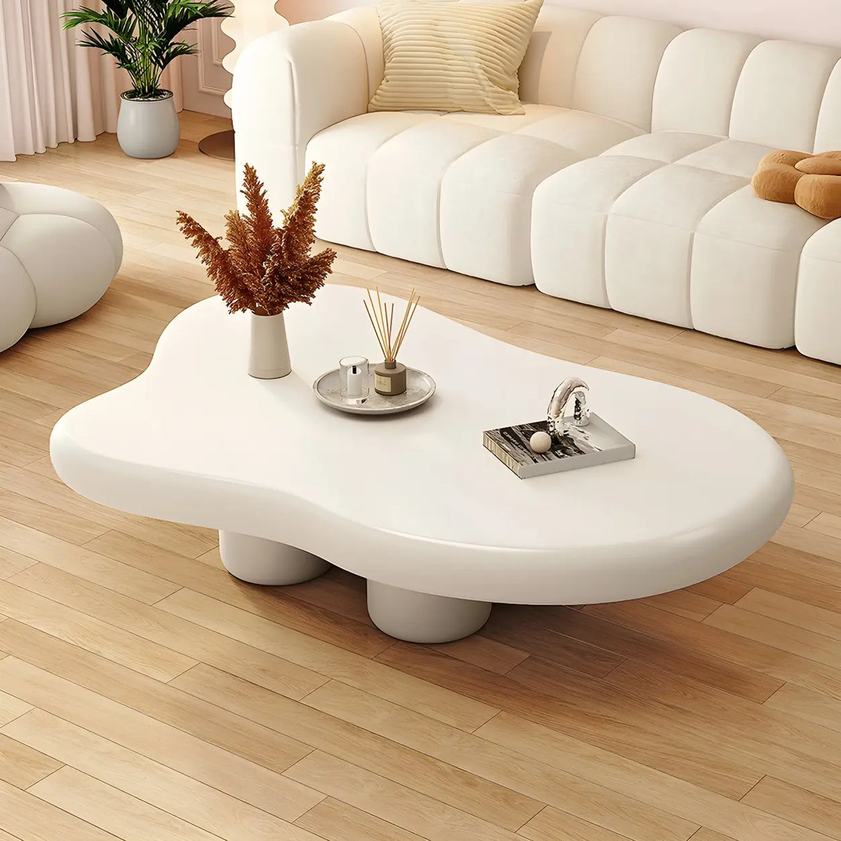Elegant White Wooden Free-Form Shape Coffee Table Image - 9