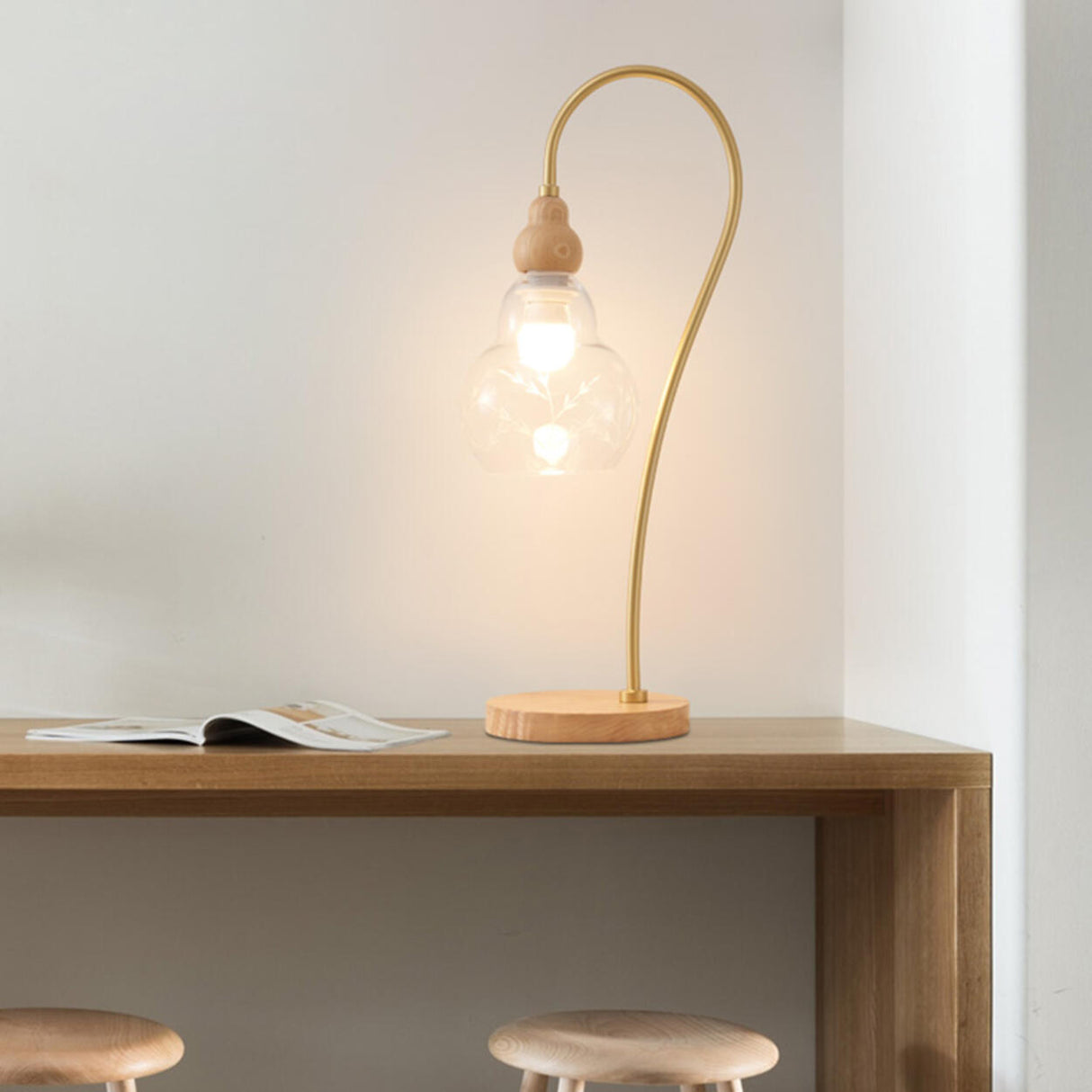 Elegant Wooden Round Glass Clear Lampshade Table Lamp Image - 1