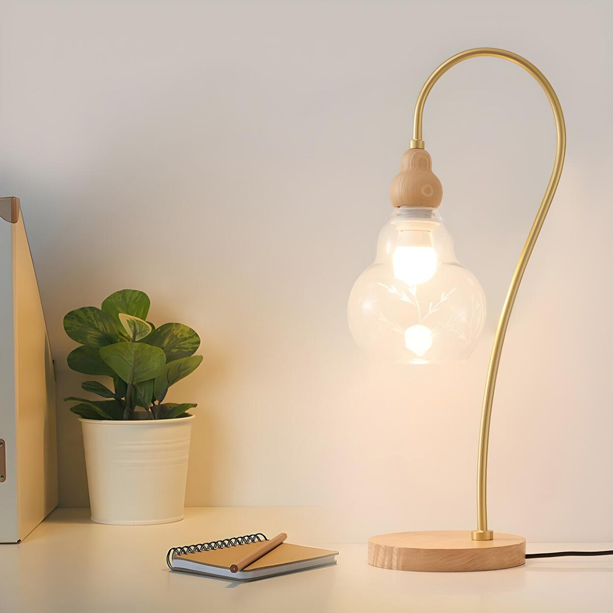 Elegant Wooden Round Glass Clear Lampshade Table Lamp Image - 10