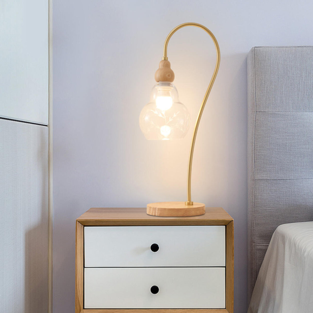 Elegant Wooden Round Glass Clear Lampshade Table Lamp Image - 2