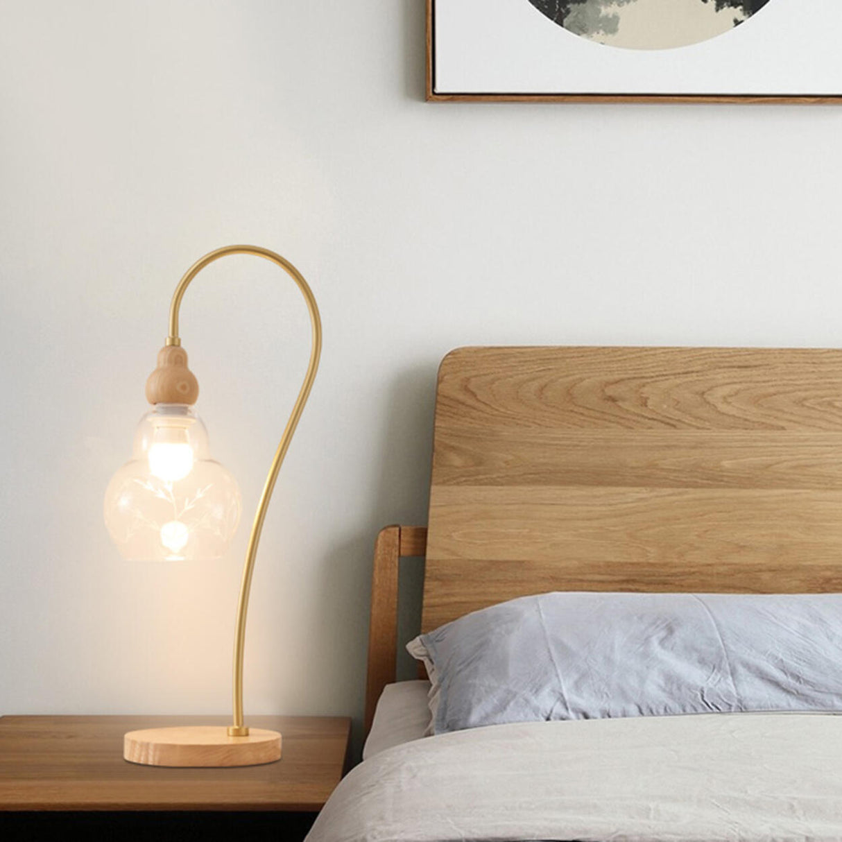Elegant Wooden Round Glass Clear Lampshade Table Lamp Image - 3