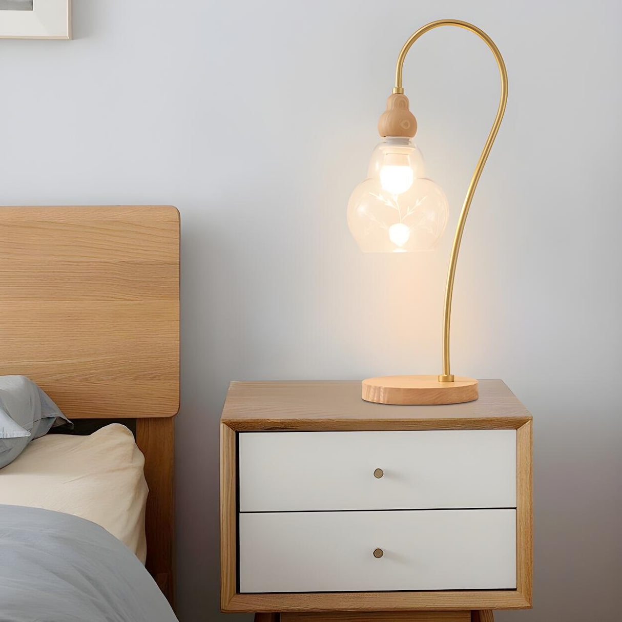 Elegant Wooden Round Glass Clear Lampshade Table Lamp Image - 4
