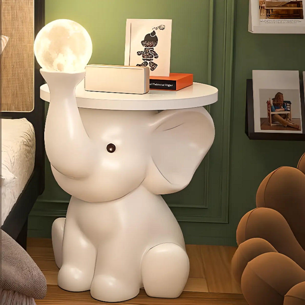 Elephant Shape Resin Wood Kids Nightstand with Light Image - 2