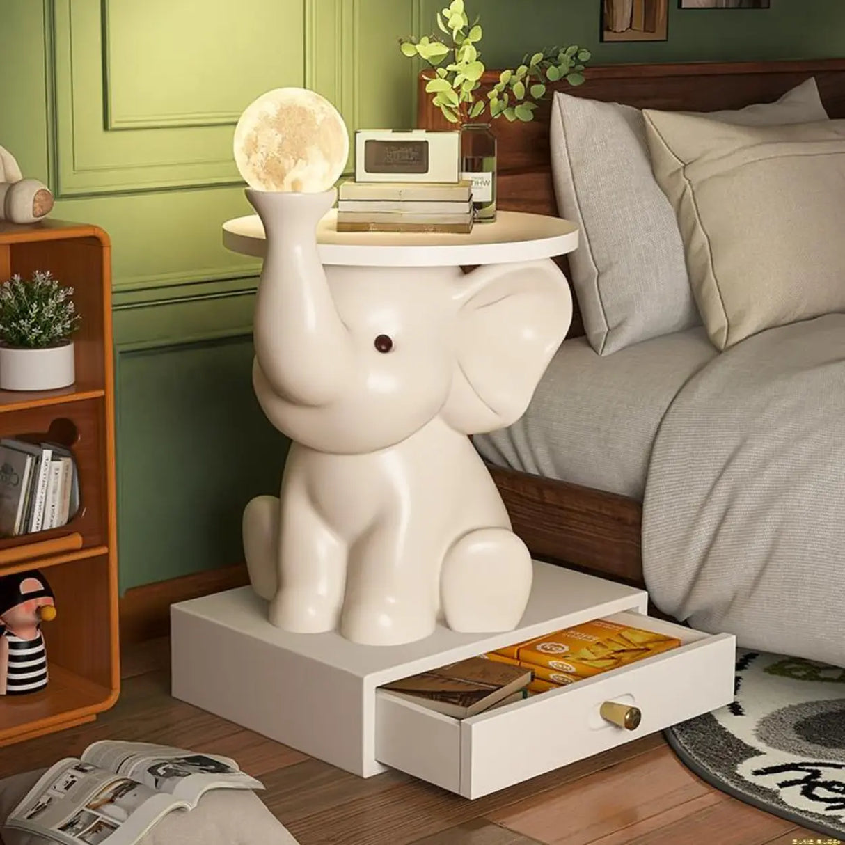 Elephant Shape Resin Wood Kids Nightstand with Light Image - 4
