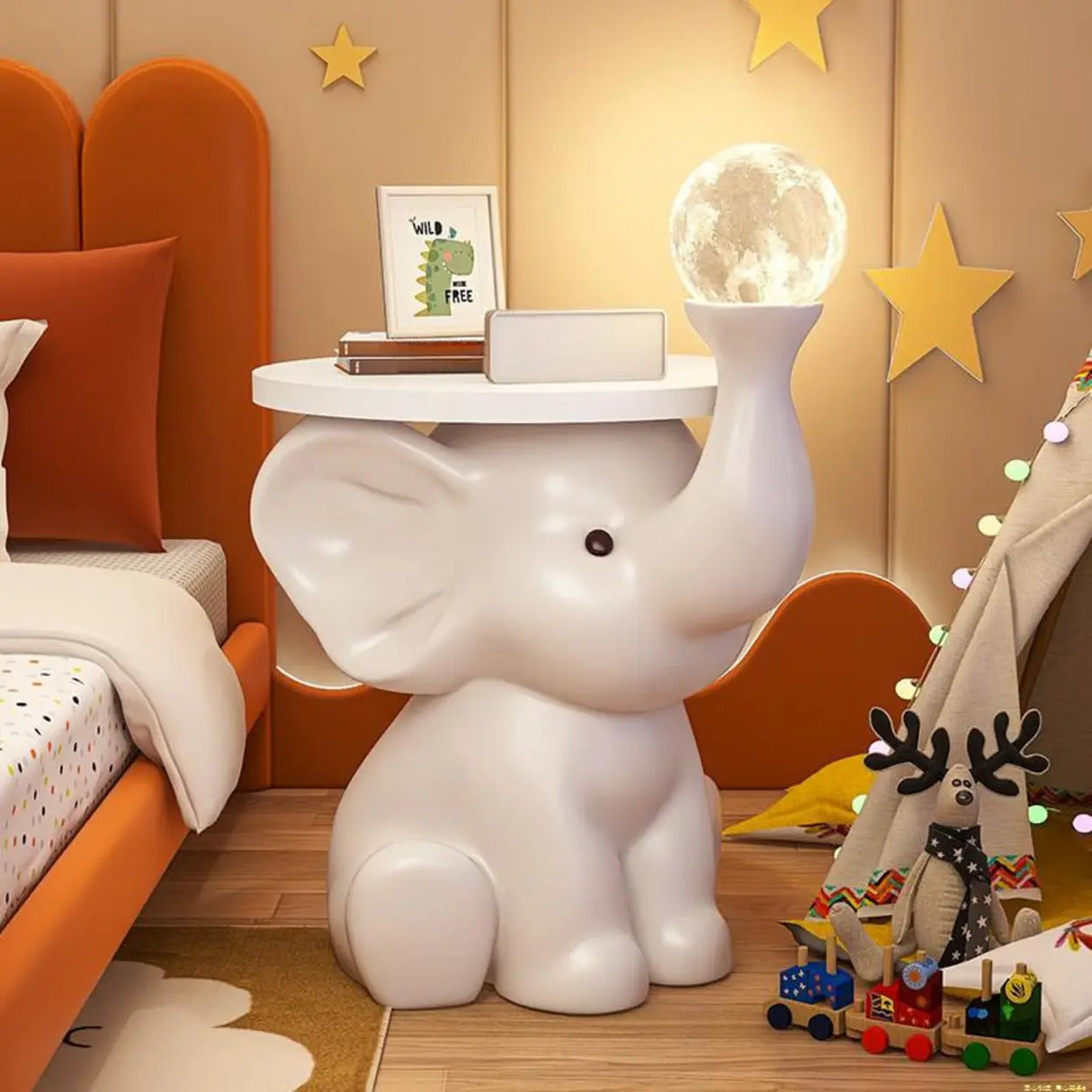 Elephant Shape Resin Wood Kids Nightstand with Light Image - 6