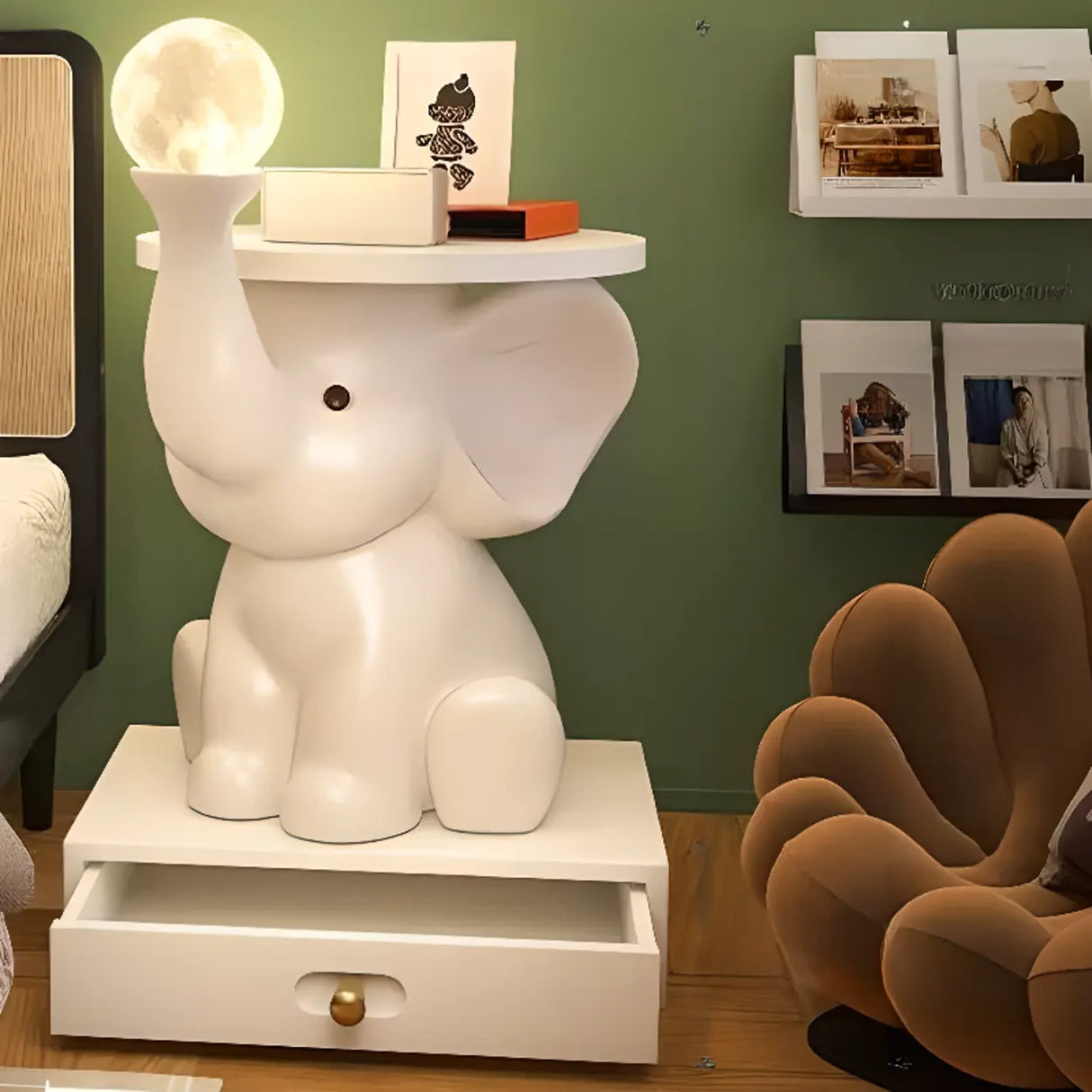 Elephant Shape Resin Wood Kids Nightstand with Light Image - 7