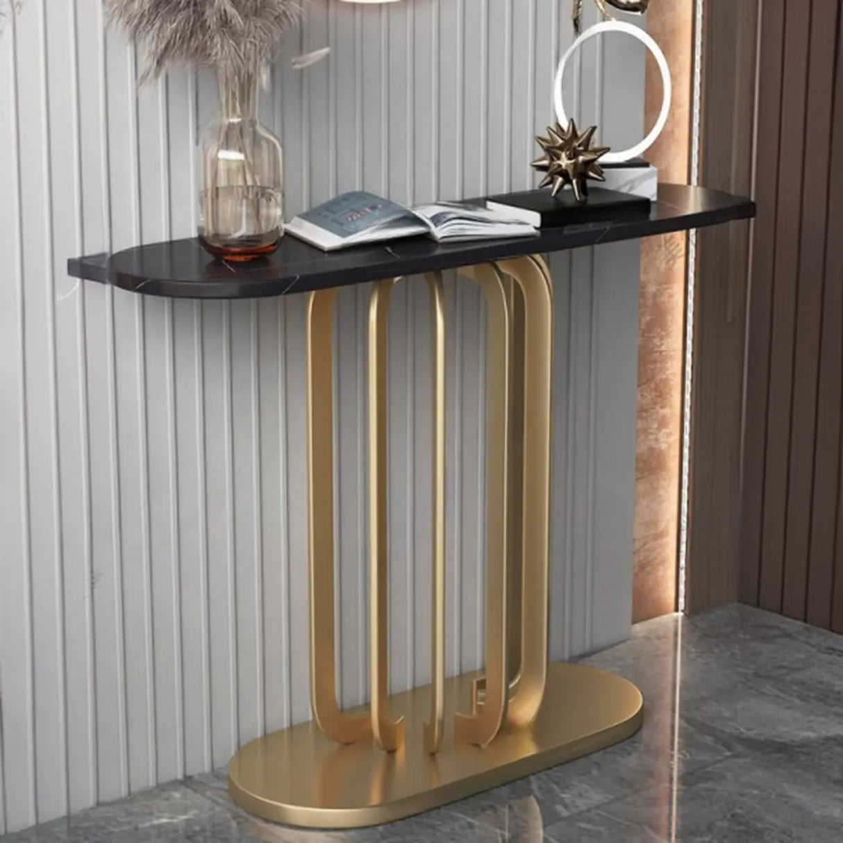 Entrance Abstract Base Elliptical Marble Black Console Table Image - 1