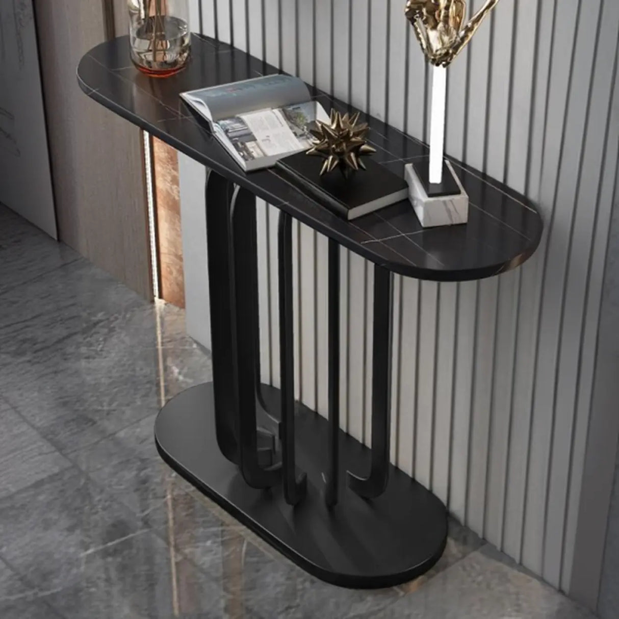 Entrance Abstract Base Elliptical Marble Black Console Table Image - 4