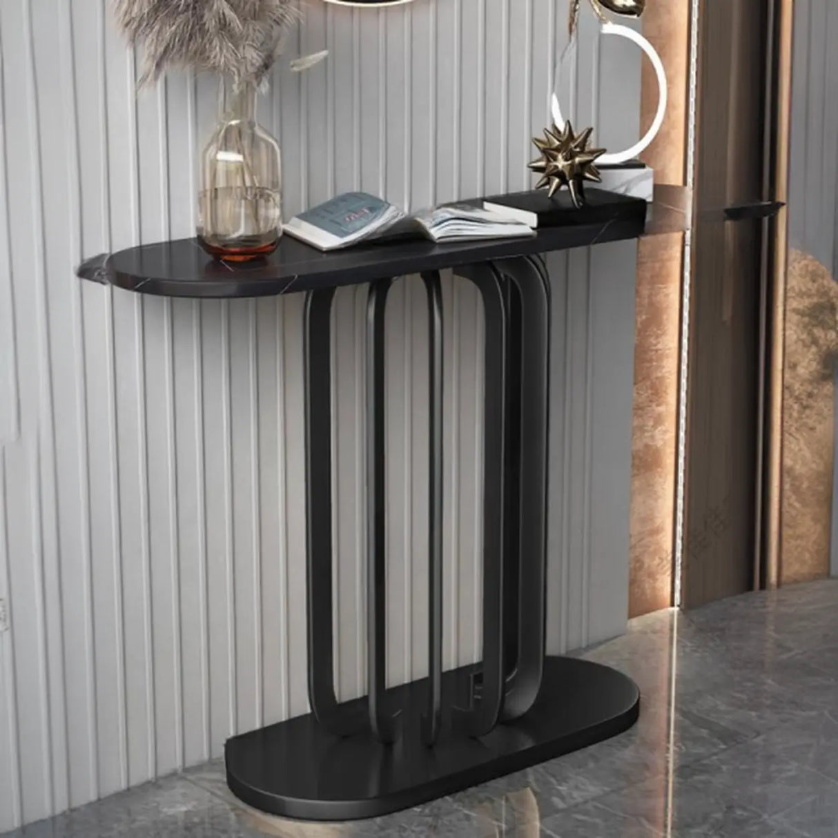 Entrance Abstract Base Elliptical Marble Black Console Table Image - 5