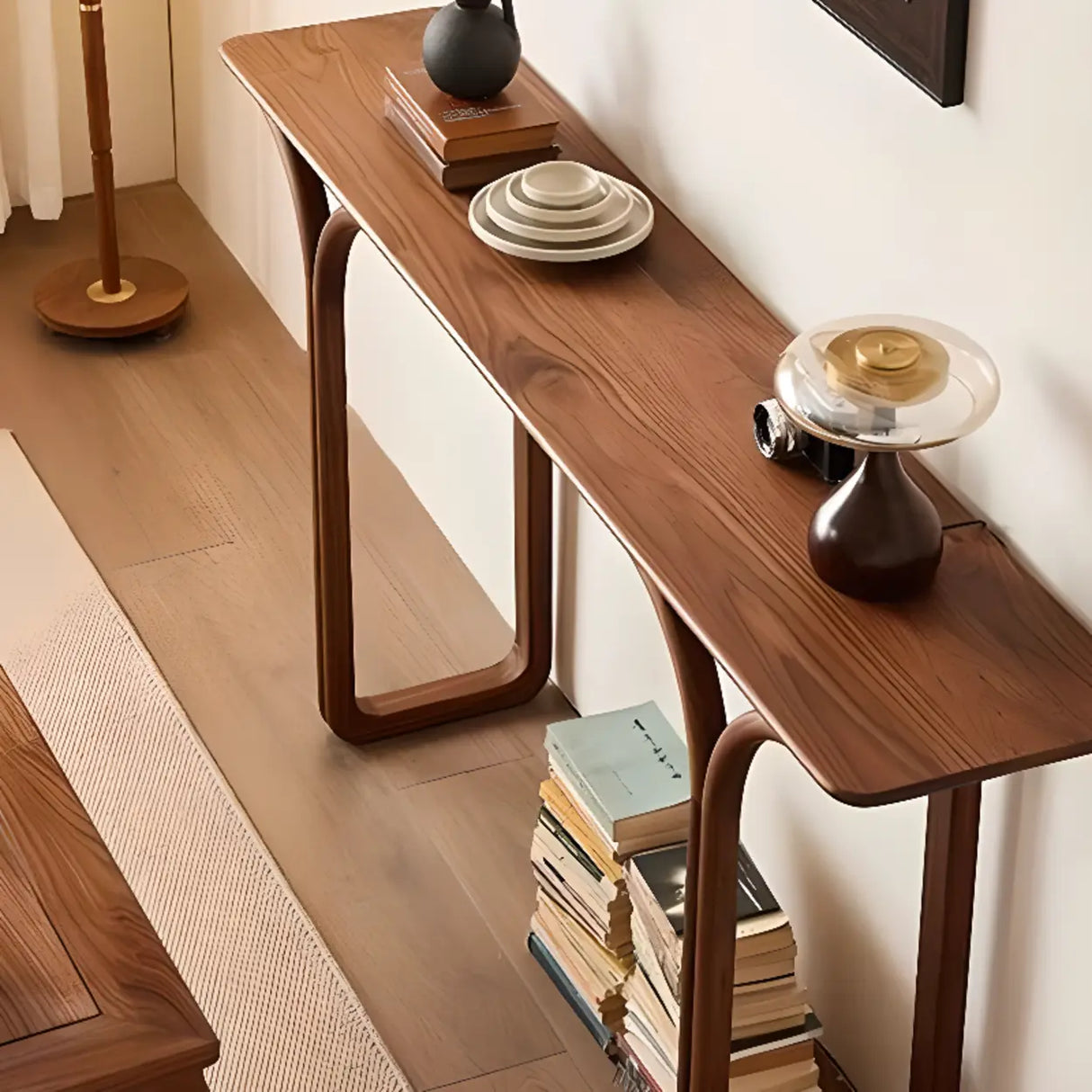 Entrance Curved Wood Walnut Sled Base Console Table Image - 3