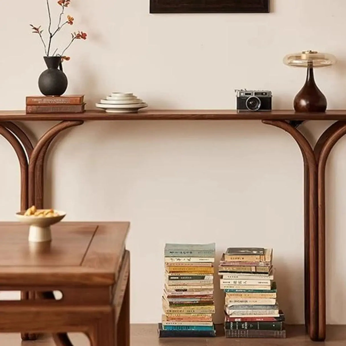 Entrance Curved Wood Walnut Sled Base Console Table Image - 4