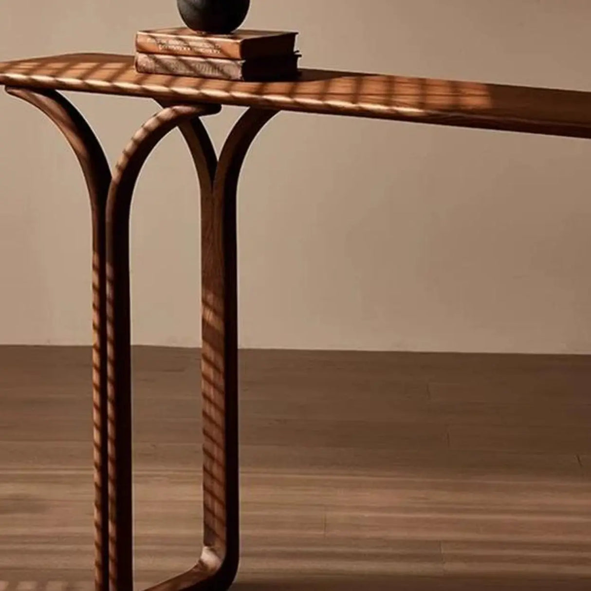 Entrance Curved Wood Walnut Sled Base Console Table Image - 5