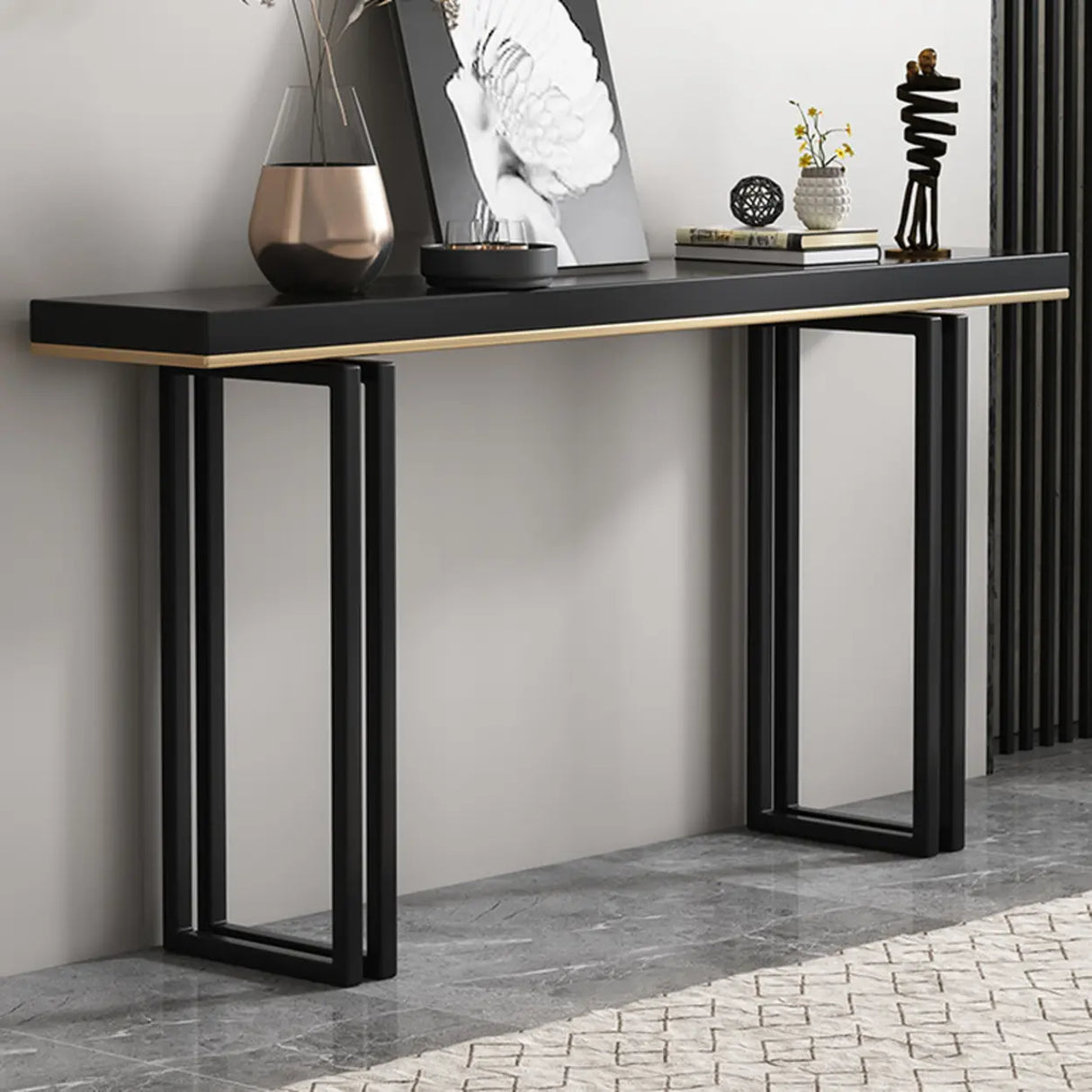 Entrance Rectangle Black Pine Metal Base Console Table Image - 3