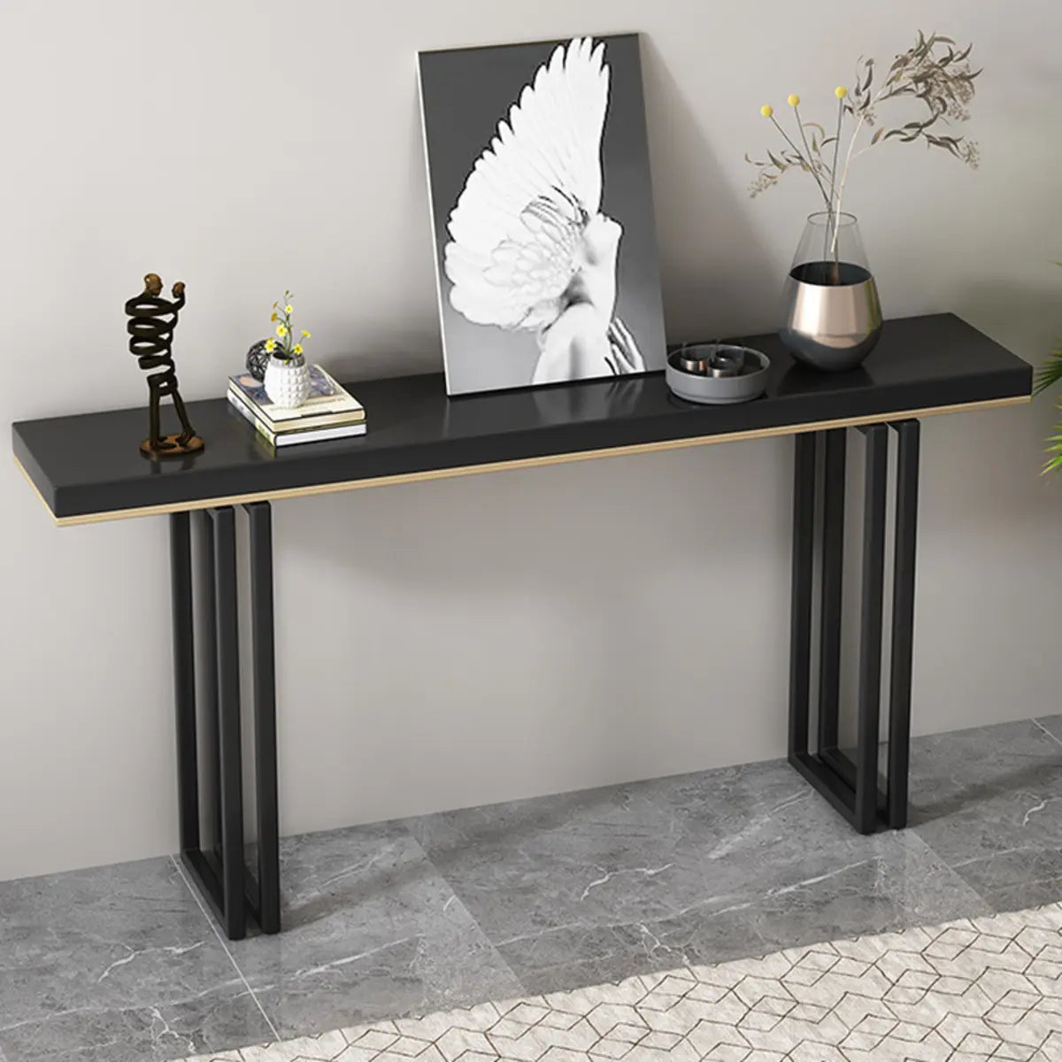 Entrance Rectangle Black Pine Metal Base Console Table Image - 4