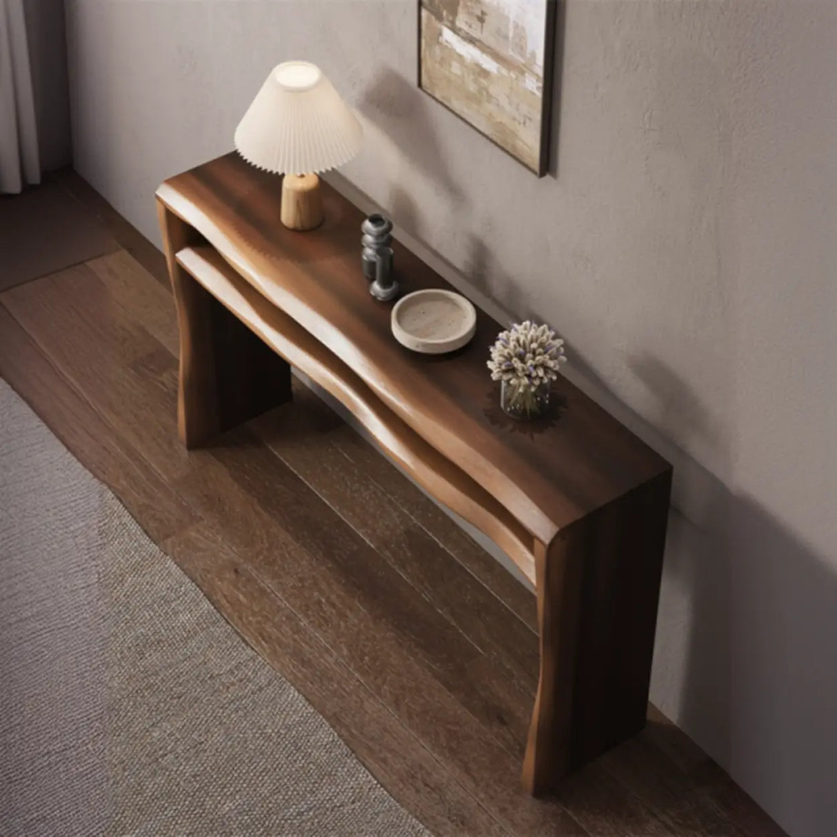 Entrance Wave Pine Wood Brown Storage Console Table Image - 3