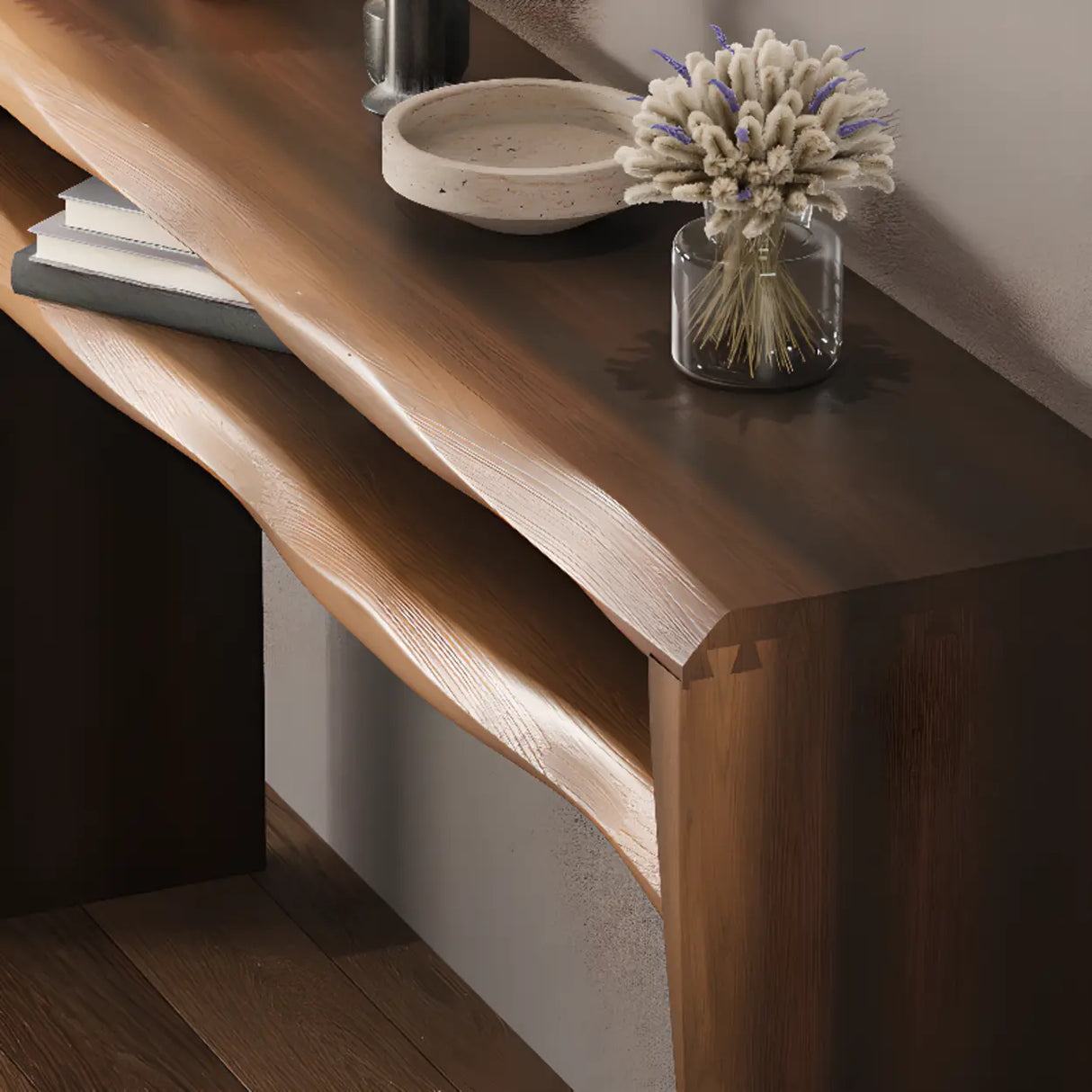 Entrance Wave Pine Wood Brown Storage Console Table Image - 4