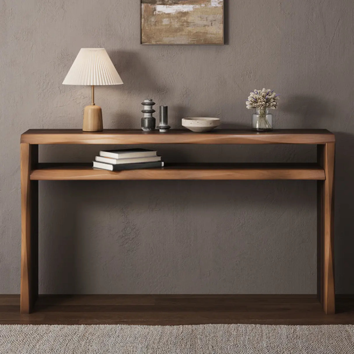 Entrance Wave Pine Wood Brown Storage Console Table Image - 5