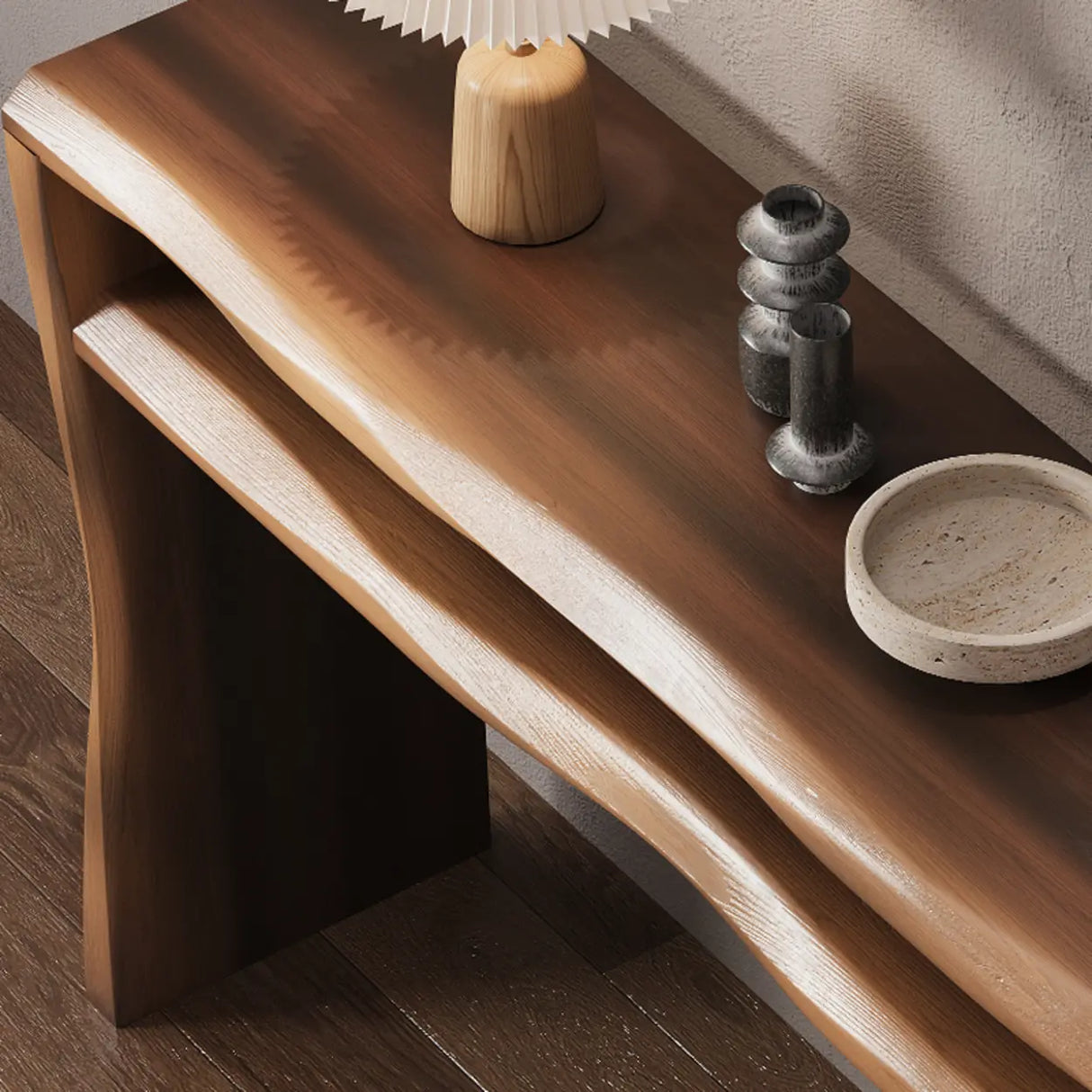 Entrance Wave Pine Wood Brown Storage Console Table Image - 6
