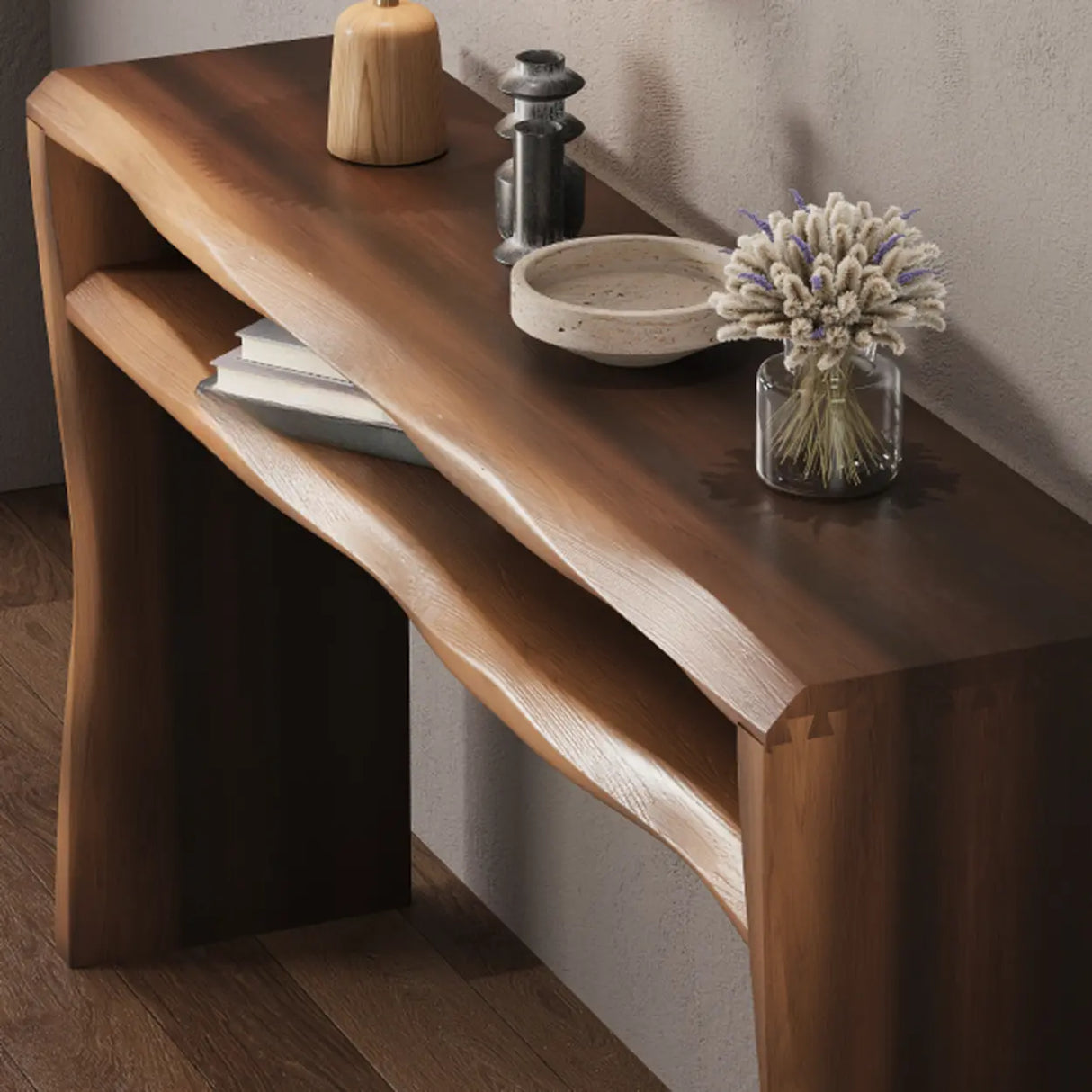 Entrance Wave Pine Wood Brown Storage Console Table Image - 7