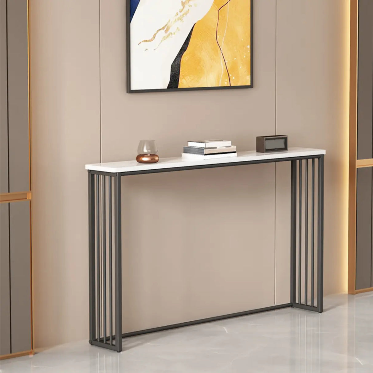 Entry Console Rectangular Metal and Marble White Table Image - 3