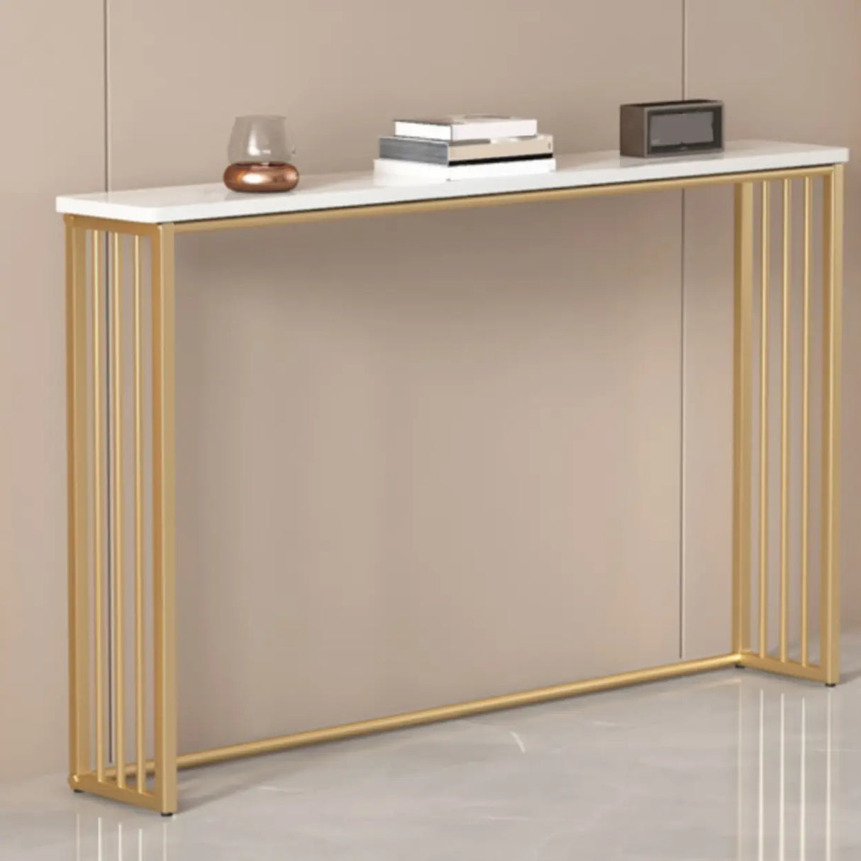 Entry Console Rectangular Metal and Marble White Table Image - 4