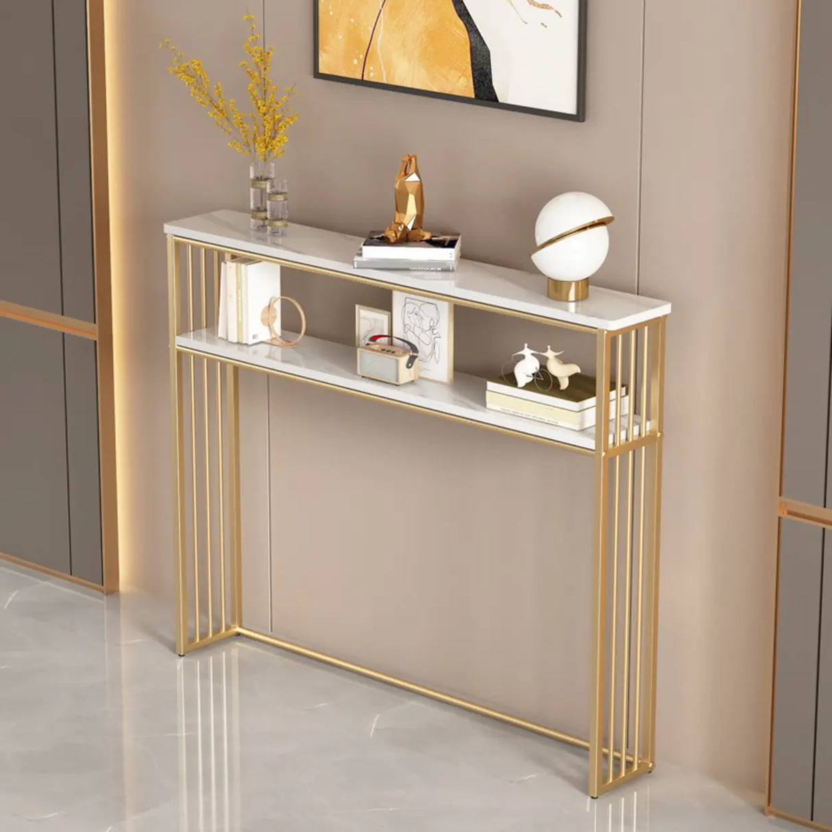 Entry Console Rectangular Metal and Marble White Table Image - 5