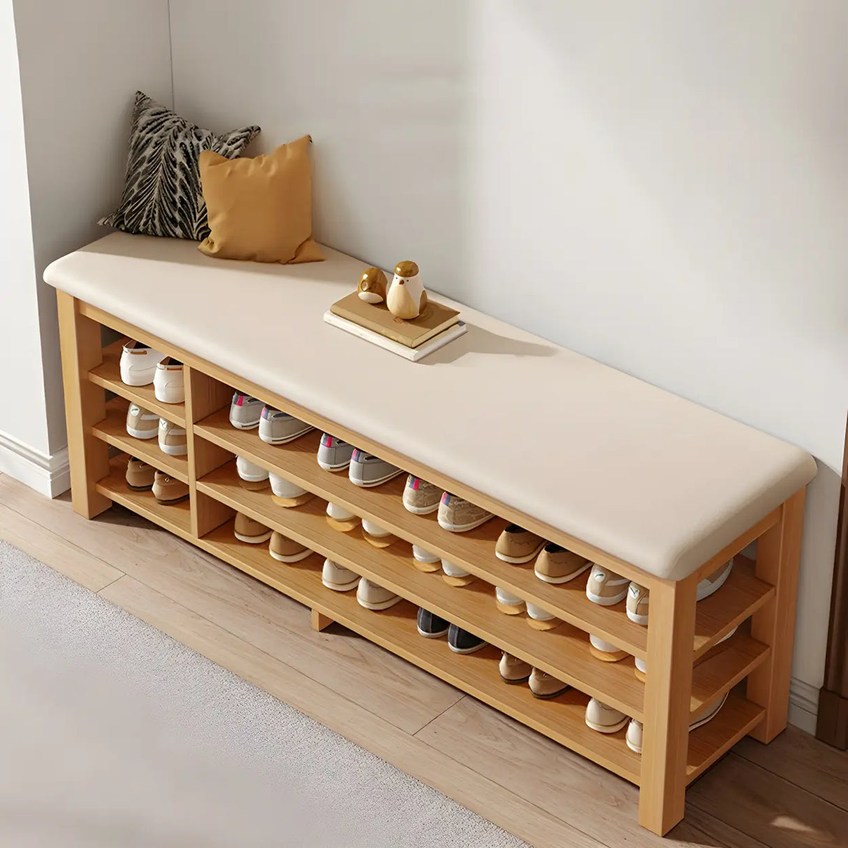 Entryway Adjustable Shelves Wood Brown Shoe Storage Bench Image - 6