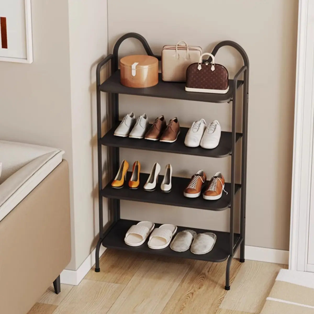 Entryway Black Modern Metal Open Storage Shoe Rack Image - 5