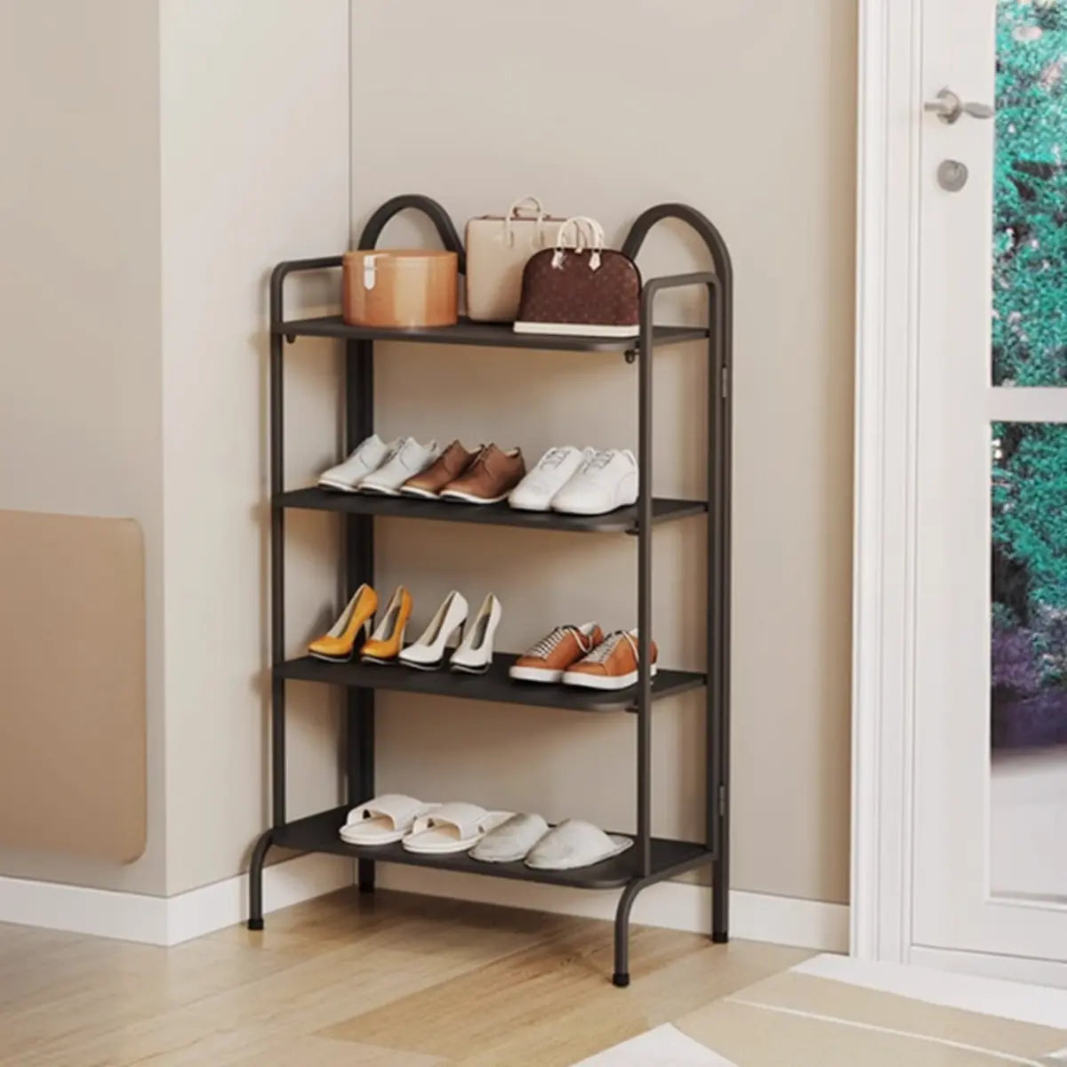 Entryway Black Modern Metal Open Storage Shoe Rack Image - 9