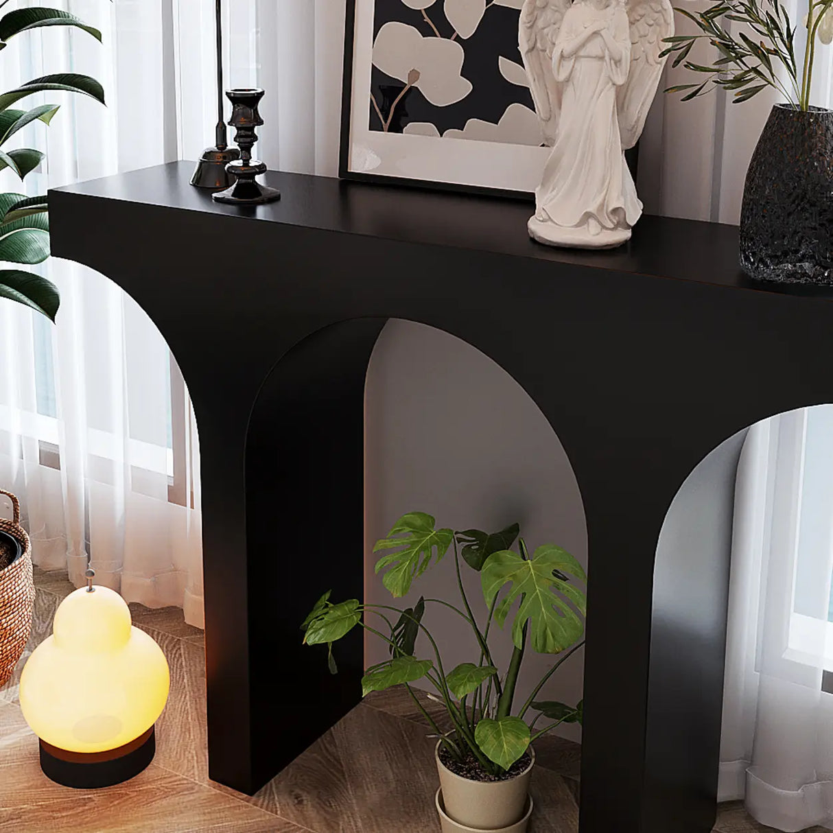 Entryway Black Timber Finish Arch Base Console Table Image - 7