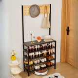 Entryway Black Vertical Metal Storage Shoe Rack with Hooks Image - 1