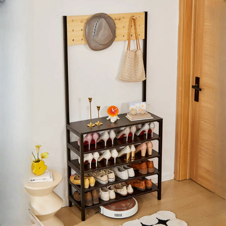 Entryway Black Vertical Metal Storage Shoe Rack with Hooks Image - 1
