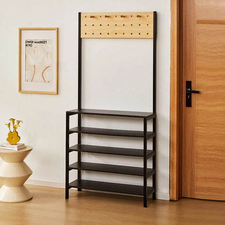 Entryway Black Vertical Metal Storage Shoe Rack with Hooks Image - 2
