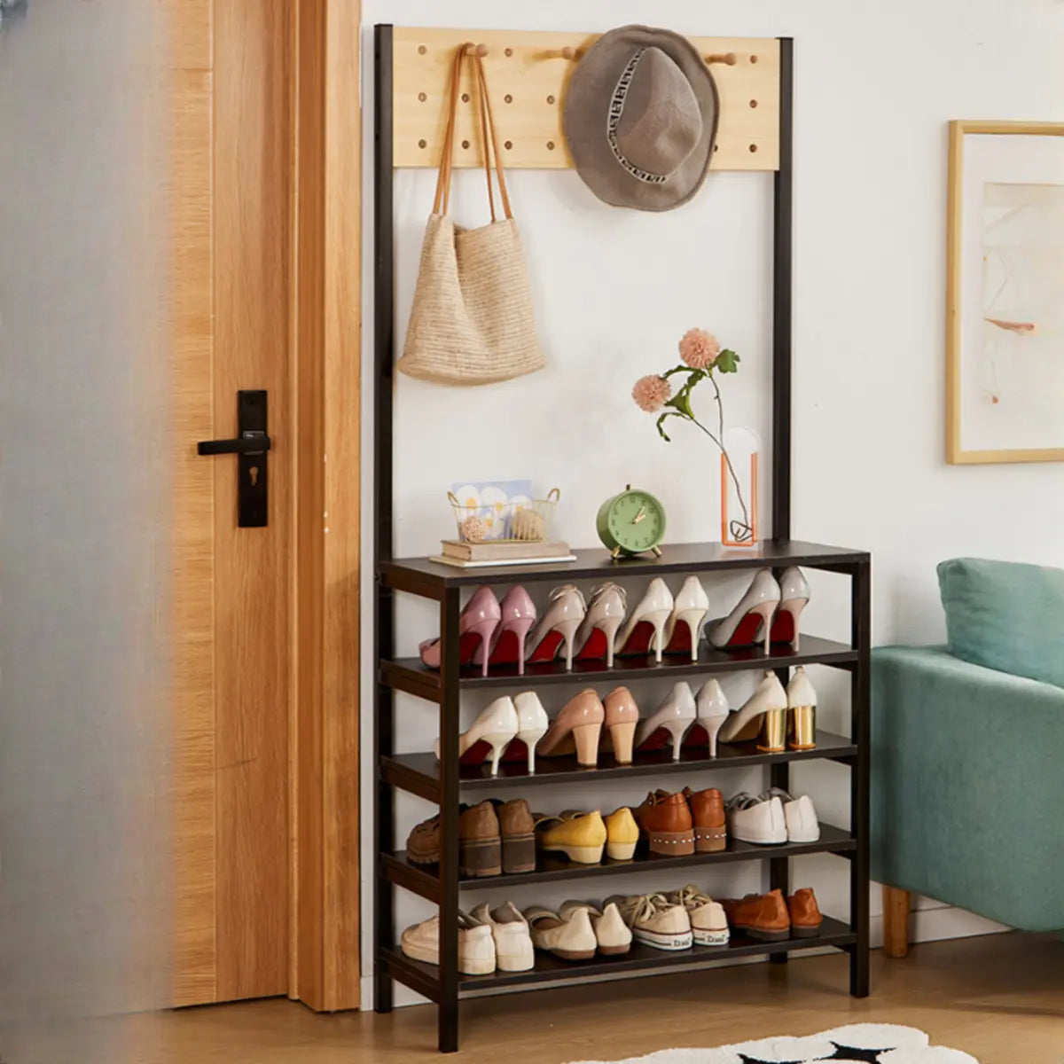 Entryway Black Vertical Metal Storage Shoe Rack with Hooks Image - 3