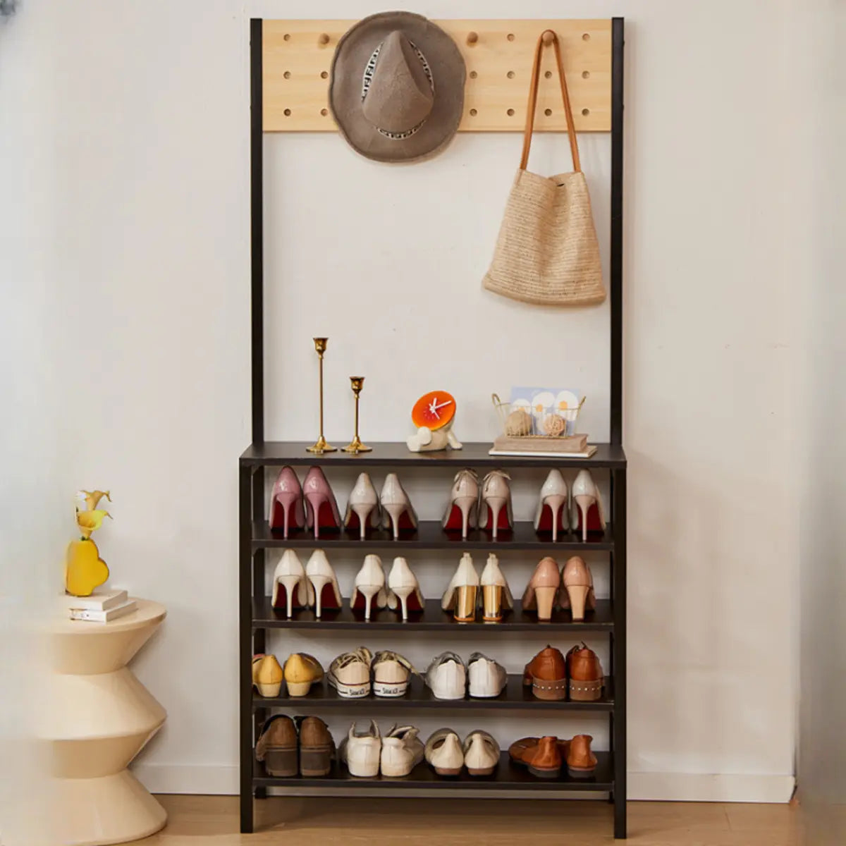 Entryway Black Vertical Metal Storage Shoe Rack with Hooks Image - 4