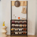 Entryway Black Vertical Metal Storage Shoe Rack with Hooks Image - 4