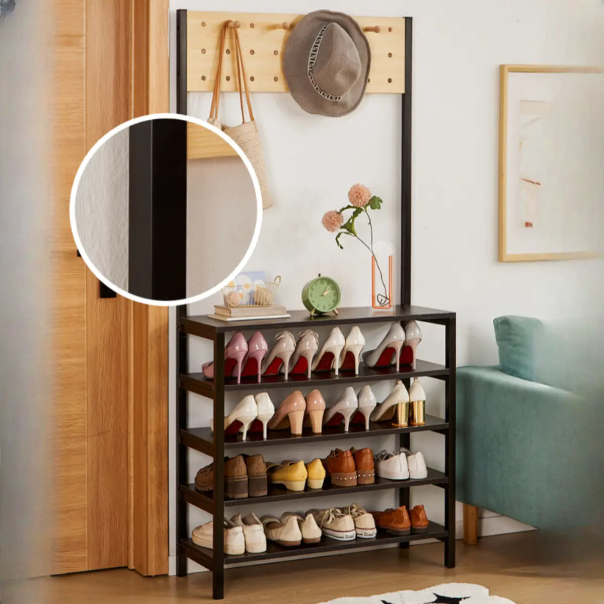Entryway Black Vertical Metal Storage Shoe Rack with Hooks Image - 5
