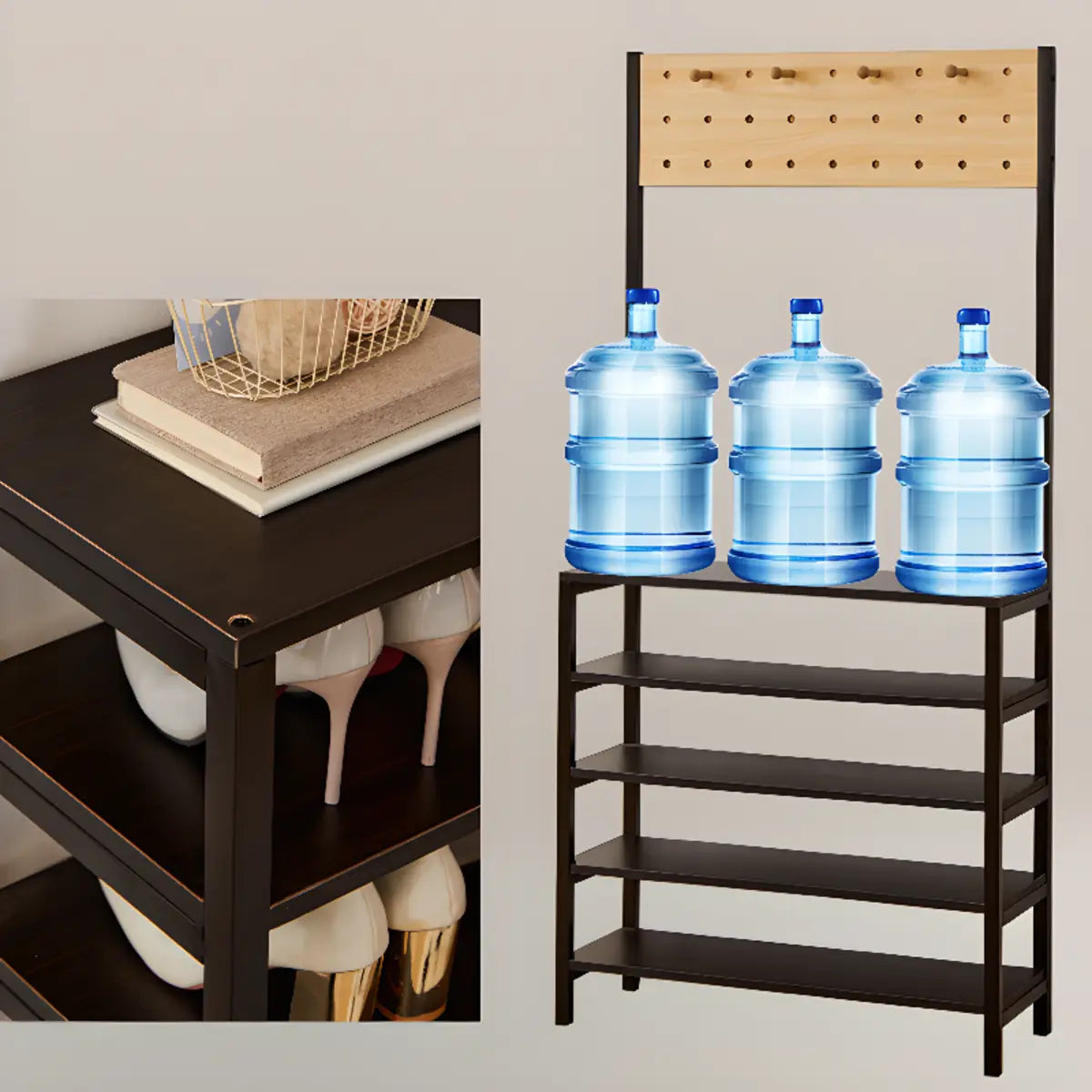 Entryway Black Vertical Metal Storage Shoe Rack with Hooks Image - 6