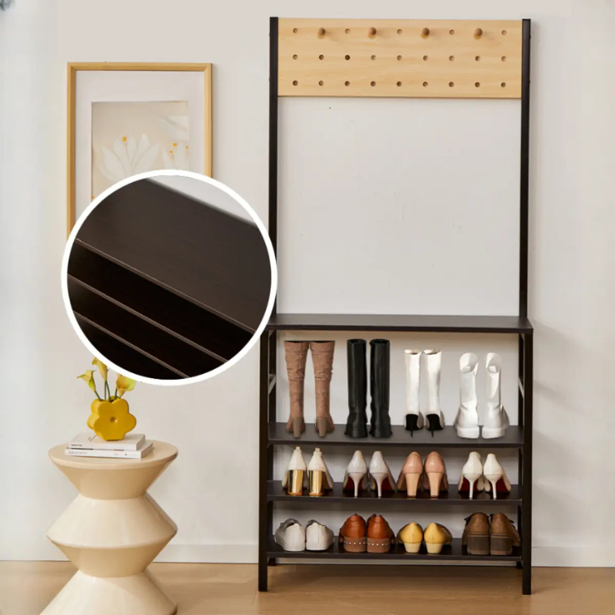 Entryway Black Vertical Metal Storage Shoe Rack with Hooks Image - 7