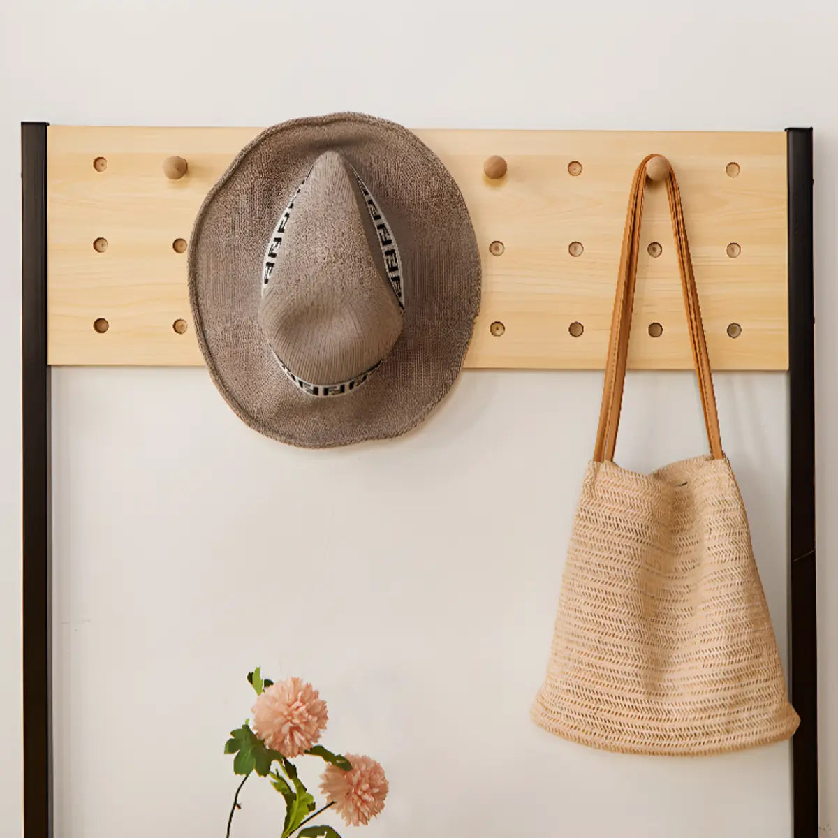 Entryway Black Vertical Metal Storage Shoe Rack with Hooks Image - 9