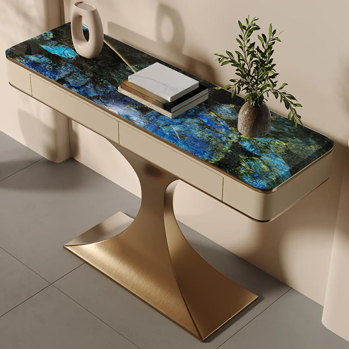 Entryway Blue Rectangular Sintered Stone Console Table Image - 4