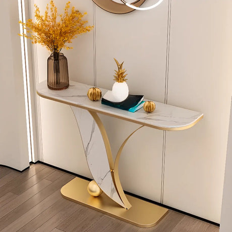 Entryway Half-circle Abstract Marble Gold Console Table Image - 1