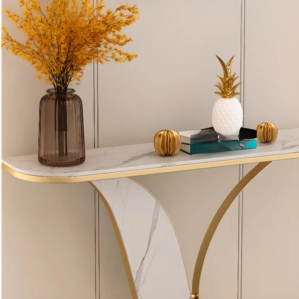Entryway Half-circle Abstract Marble Gold Console Table Image - 14