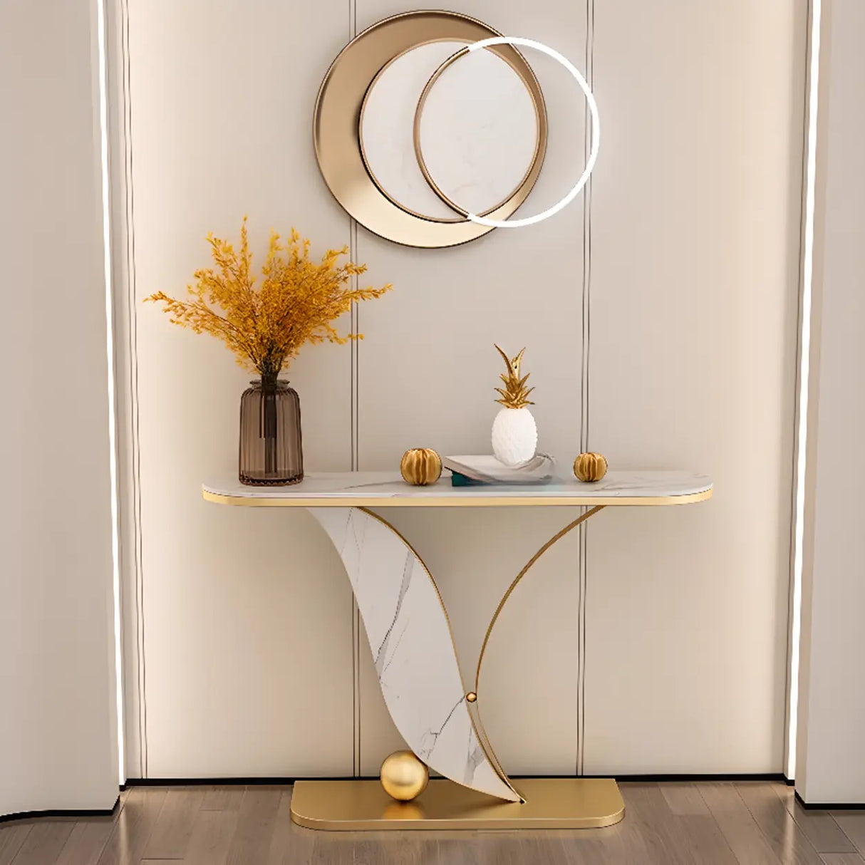 Entryway Half-circle Abstract Marble Gold Console Table Image - 3
