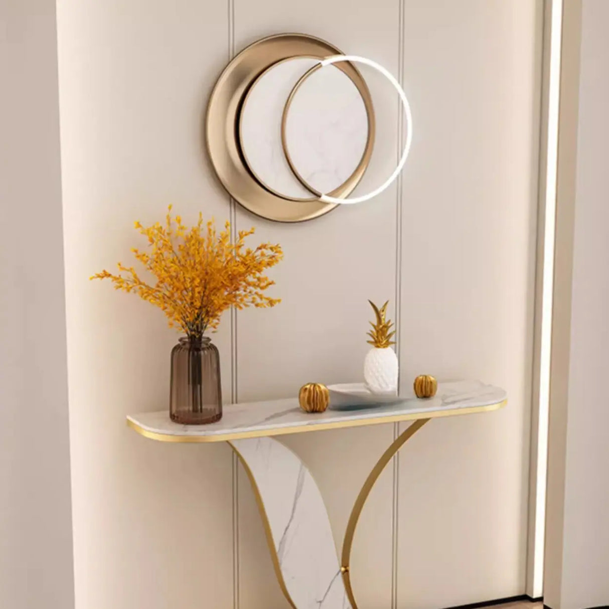 Entryway Half-circle Abstract Marble Gold Console Table Image - 5