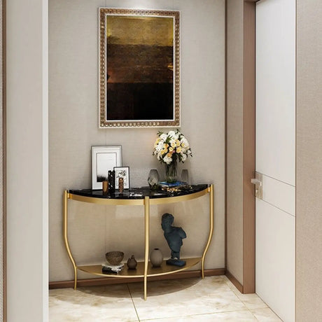 Entryway Half-Circle Stone Gold Floor Shelf Console Table Image - 1