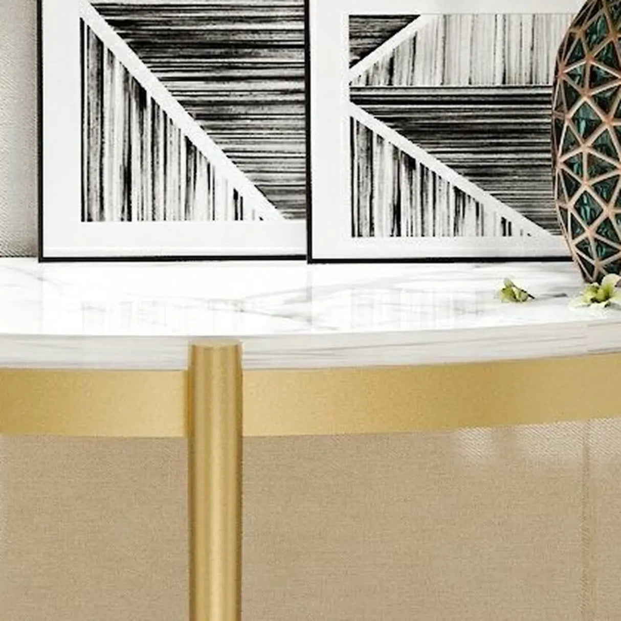 Entryway Half-Circle Stone Gold Floor Shelf Console Table Image - 10