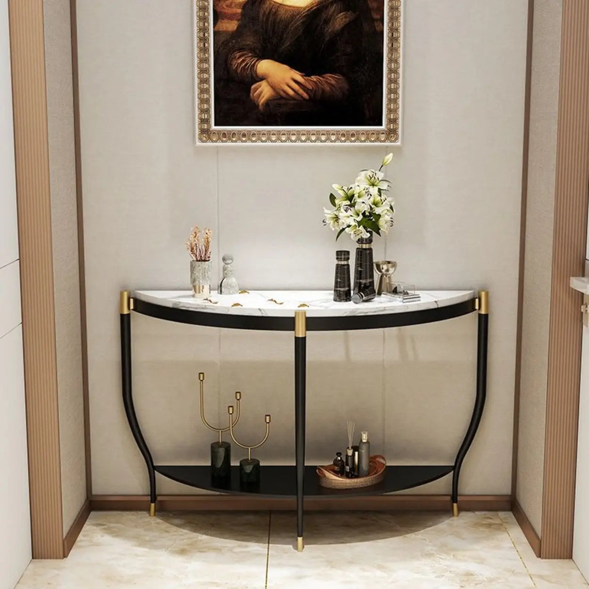 Entryway Half-Circle Stone Gold Floor Shelf Console Table Image - 4