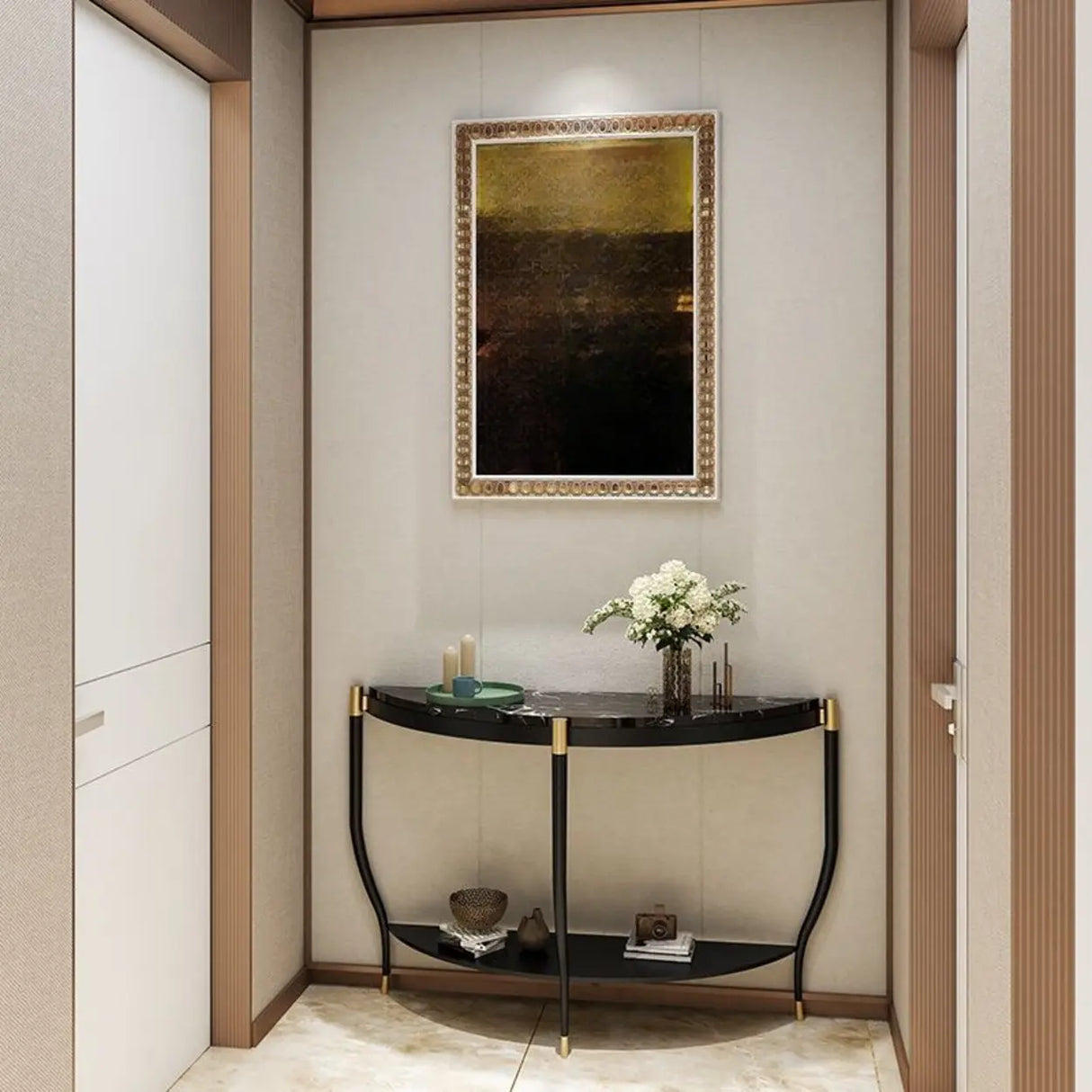 Entryway Half-Circle Stone Gold Floor Shelf Console Table Image - 6